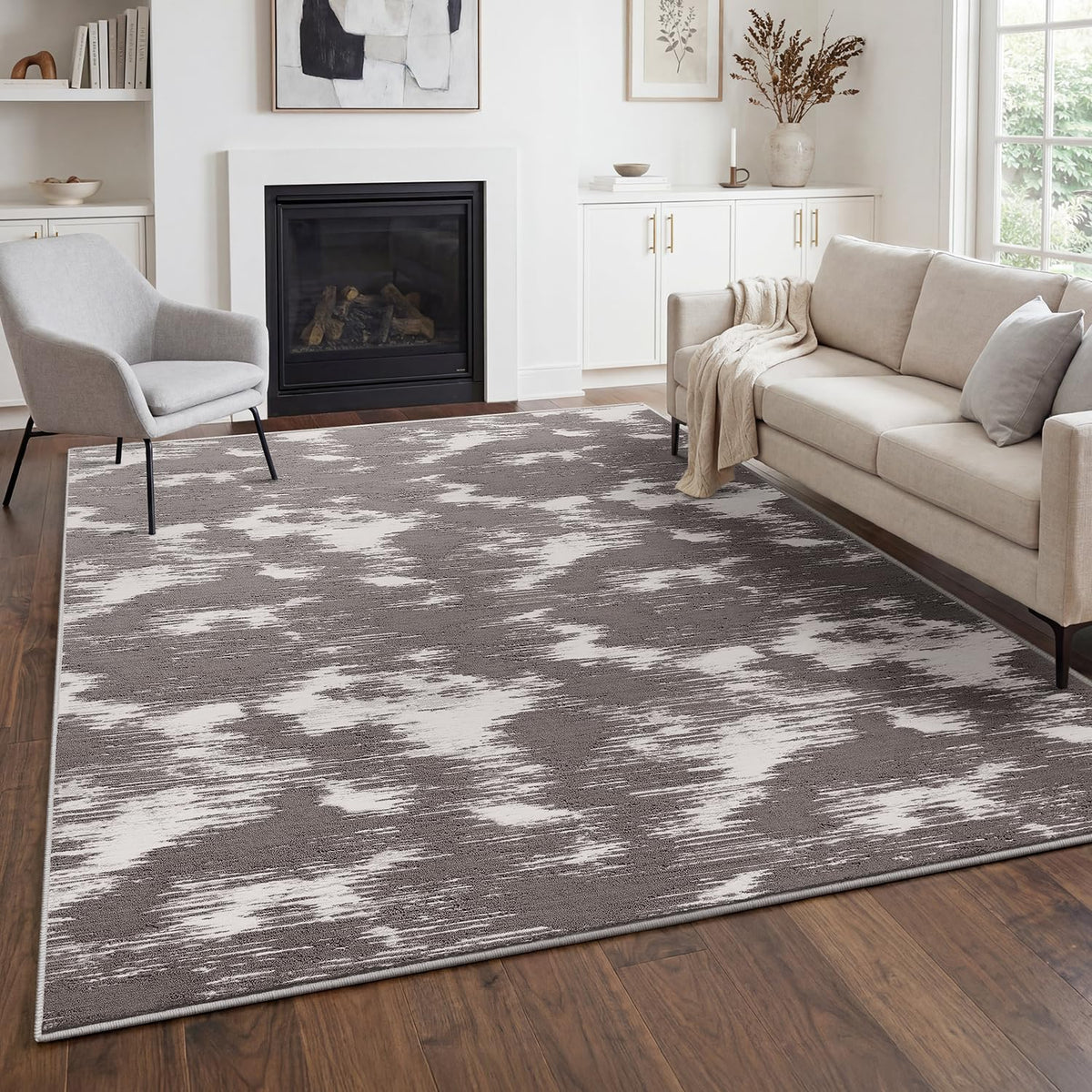 Beige Washable Area Rug 9x12 High-Low Pile Carpet for Living Room