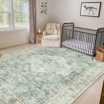 LIVEBOX Washable Area Rug 5x7 Rugs for Living Room Bedroom, Non-Slip Boho Neutral Carpet for Dining Room Office, Low-Pile Farmhouse Soft Carpets for Kids Nursery Room Playroom, Tan