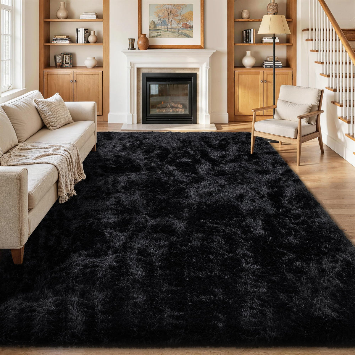 8x10 Area Rug for Living Room,Black Fluffy Shag Non-Slip Bedroom Rugs