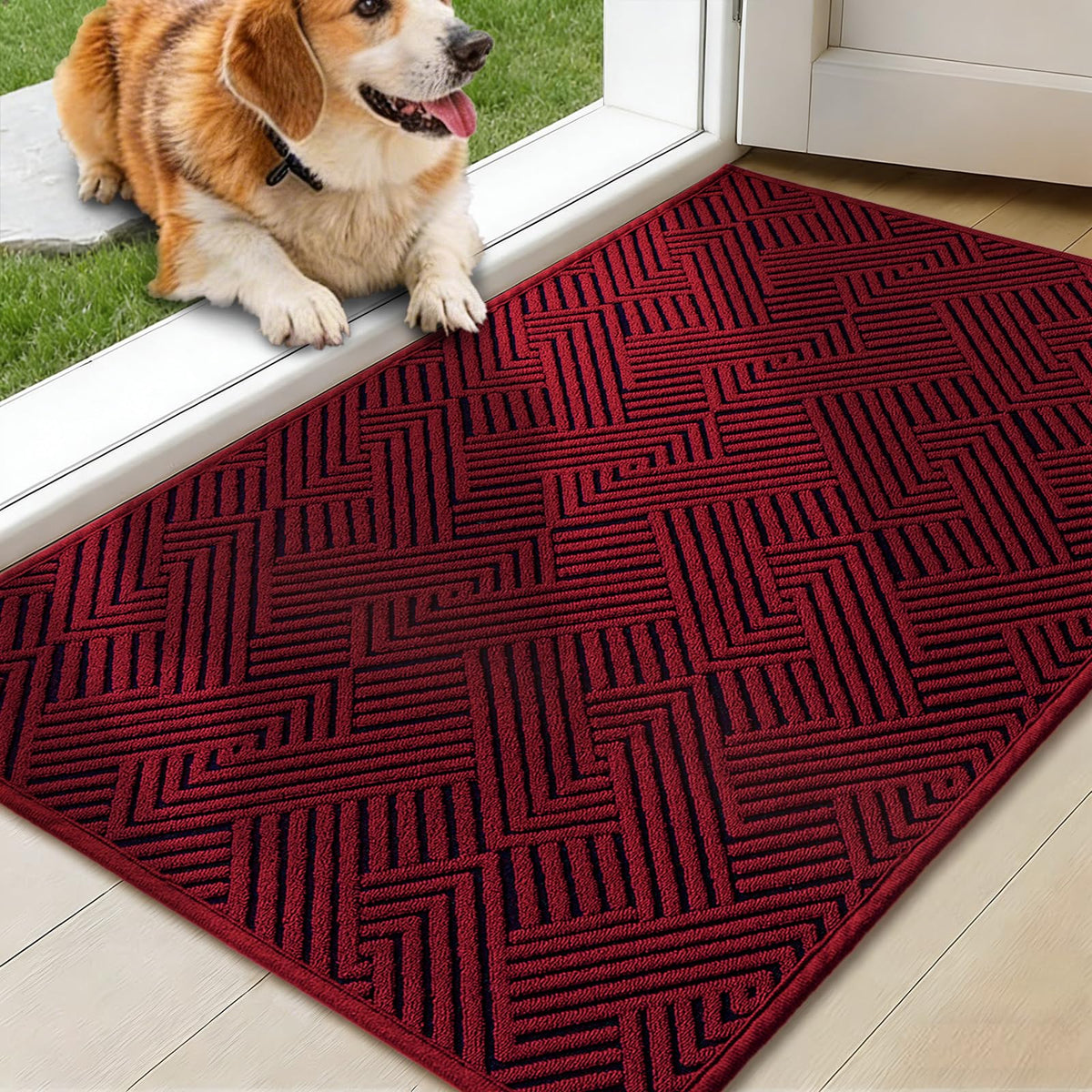 YIHOUSE Dirt Trapper Door Mat 32" x 47", Non-Slip Washable Entrance Mat, Dirt Resistant and Absorbent Welcome Mat, Low Profile Floor Mat for Front/Back Door, Entryway, Red
