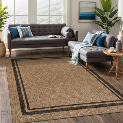 Beverly Rug Easy Jute Bordered Rug 10x14 Washable Large Indoor Outdoor Area Rugs for Living Dining Room Patio Office Stain Resistant Non Shedding Casual Indoor Outside Carpet 10 x 14 Off-White