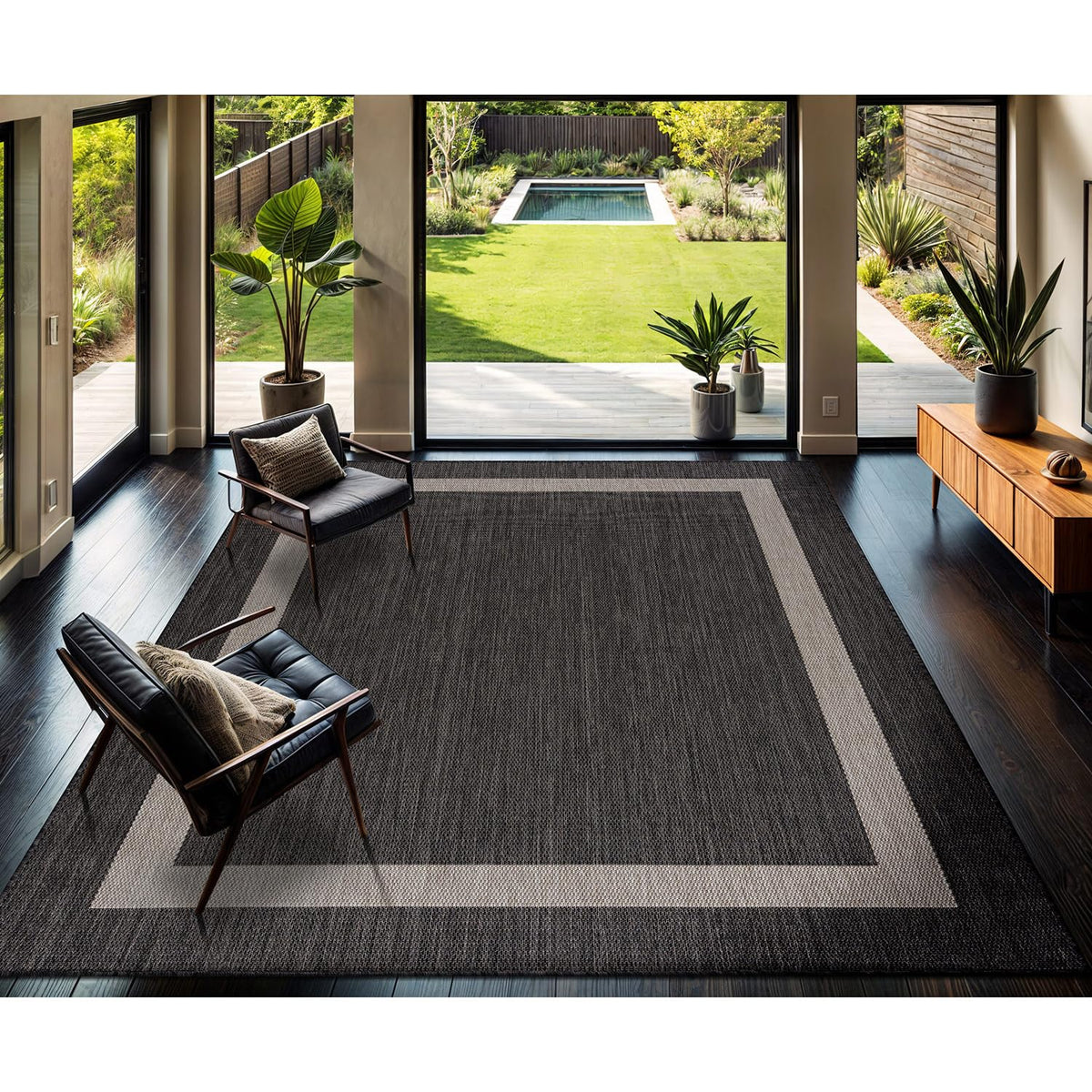 CAMILSON Indoor Outdoor Rug, 6x9 Bordered Dark Grey Black Modern Area Rugs for Indoor and Outdoor Patios, Kitchen and Hallway Mats, Washable Porch Deck Outside Carpet (Bordered Black, 6 x 9)