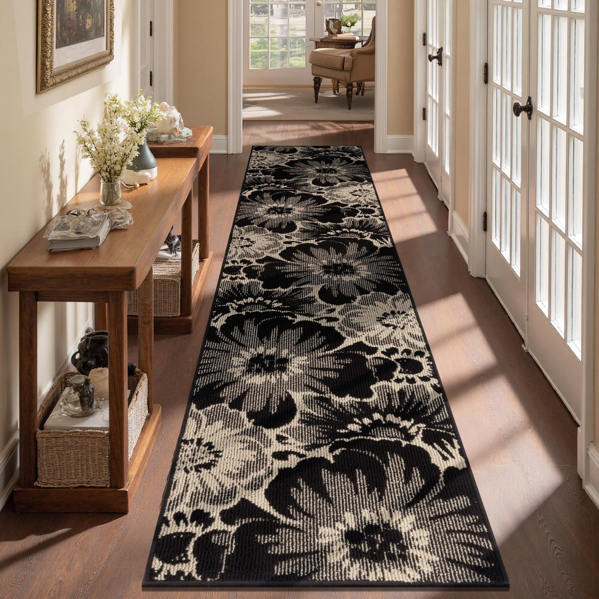 Findosom Hallway Runner Rug 2x6, Non Slip High-Low Textured Floral Washable Runner Rug with Rubber Backing, Boho Carpet Runner for Kitchen, Entryway, Bedroom, Laundry, Black & Beige