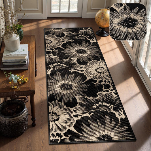 Findosom Hallway Runner Rug 2x6, Non Slip High-Low Textured Floral Washable Runner Rug with Rubber Backing, Boho Carpet Runner for Kitchen, Entryway, Bedroom, Laundry, Black & Beige