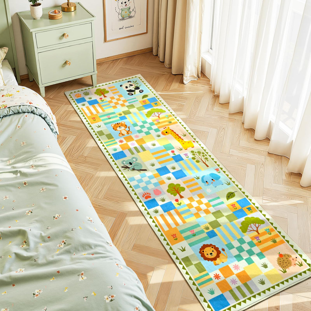 Soft Pink Runner Rug for Girls Bedroom, Washable Non-Slip Hallway Carpet with Cute Colorful Fruit Rainbow Checkered Design, Low Pile Floor Mat