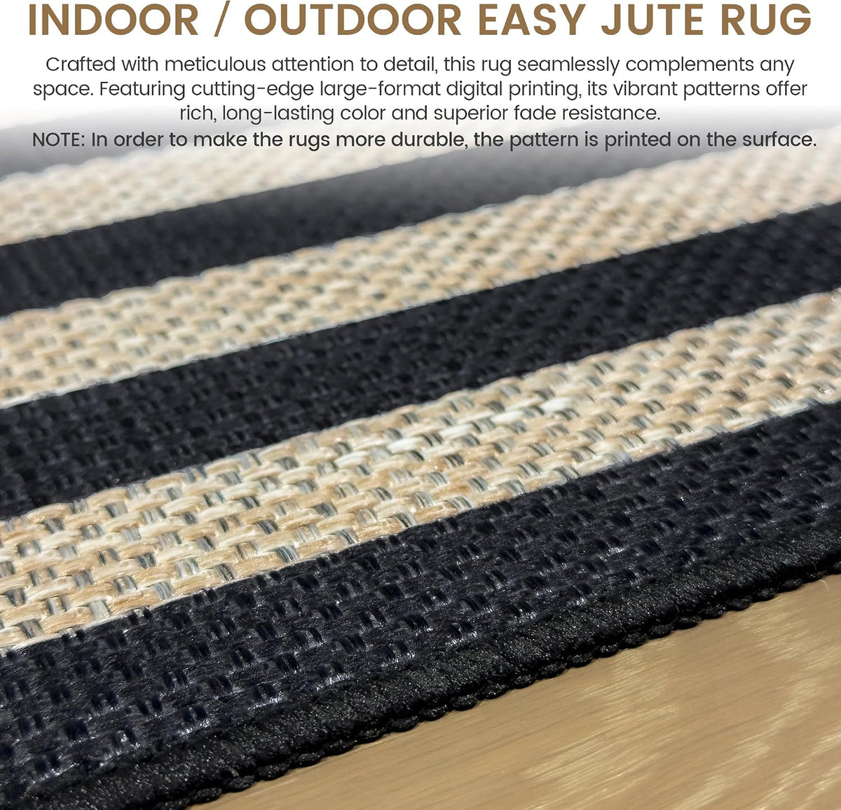 Washable 8x10 Black Striped Easy Jute Indoor Outdoor Rug for Living Room