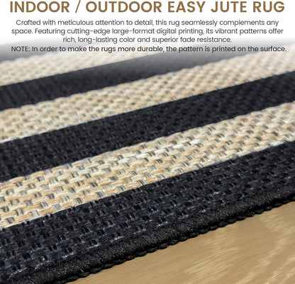 Washable 8x10 Black Striped Easy Jute Indoor Outdoor Rug for Living Room