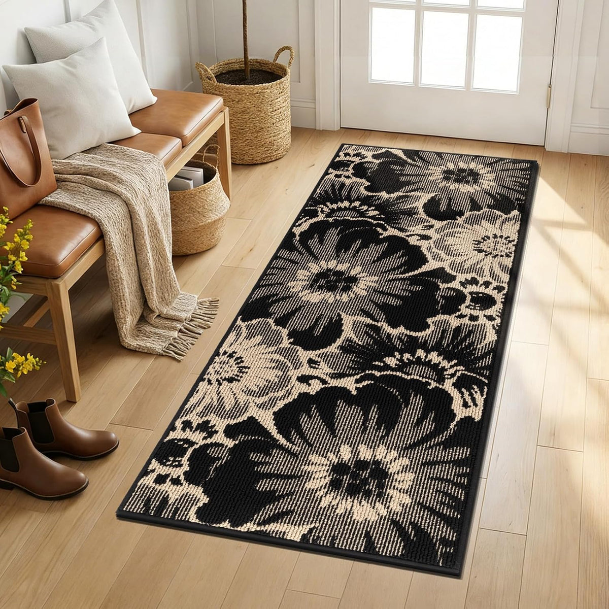 Findosom Hallway Runner Rug 2x6, Non Slip High-Low Textured Floral Washable Runner Rug with Rubber Backing, Boho Carpet Runner for Kitchen, Entryway, Bedroom, Laundry, Black & Beige