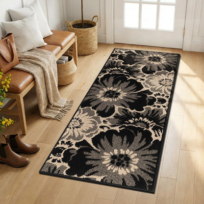Findosom Hallway Runner Rug 2x6, Non Slip High-Low Textured Floral Washable Runner Rug with Rubber Backing, Boho Carpet Runner for Kitchen, Entryway, Bedroom, Laundry, Black & Beige