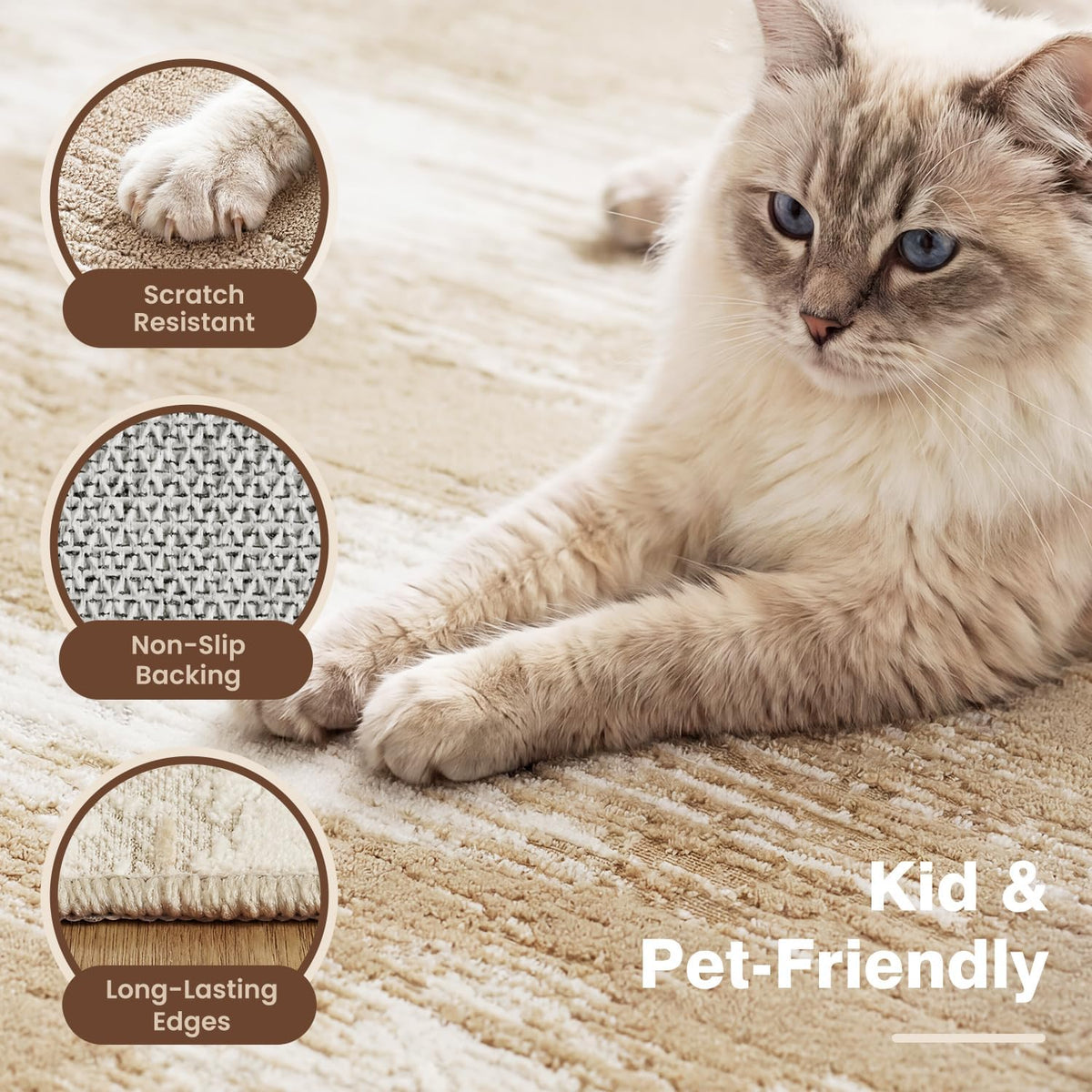 Beige Washable Area Rug 9x12 High-Low Pile Carpet for Living Room