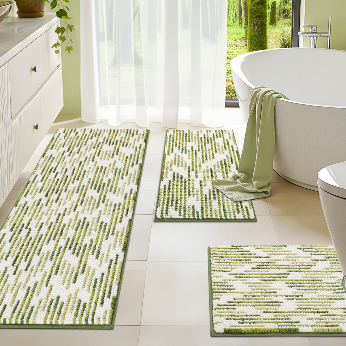 BSICPRO Bathroom Rugs Sets 3 Piece，U-Shaped Toilet Mat Sets，Black and White