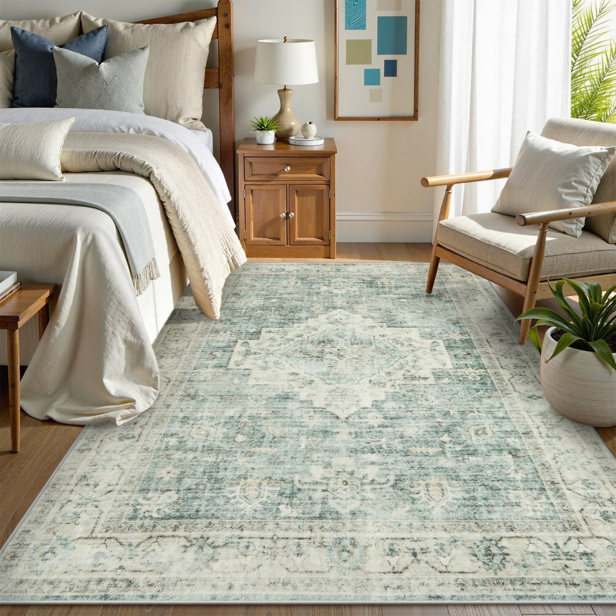 LIVEBOX Washable Area Rug 5x7 Rugs for Living Room Bedroom, Non-Slip Boho Neutral Carpet for Dining Room Office, Low-Pile Farmhouse Soft Carpets for Kids Nursery Room Playroom, Tan