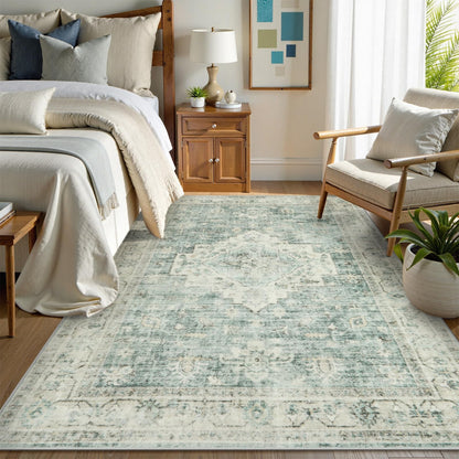 LIVEBOX Washable Area Rug 5x7 Rugs for Living Room Bedroom, Non-Slip Boho Neutral Carpet for Dining Room Office, Low-Pile Farmhouse Soft Carpets for Kids Nursery Room Playroom, Tan