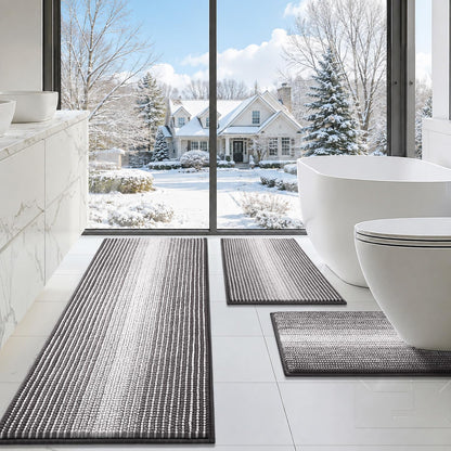 BSICPRO Bathroom Rugs Sets 3 Piece，U-Shaped Toilet Mat Sets，Black and White