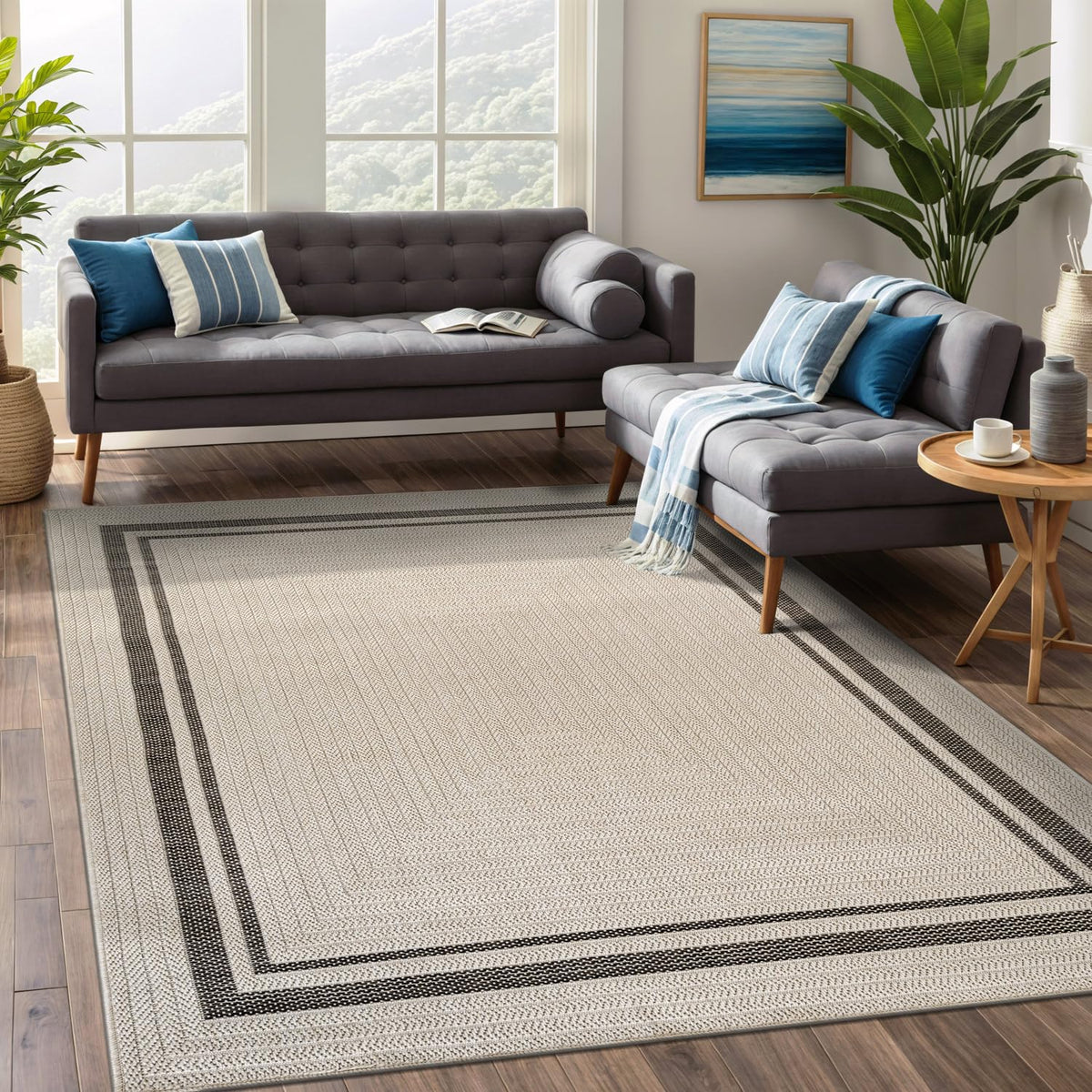 Beverly Rug Easy Jute Bordered Rug 10x14 Washable Large Indoor Outdoor Area Rugs for Living Dining Room Patio Office Stain Resistant Non Shedding Casual Indoor Outside Carpet 10 x 14 Off-White