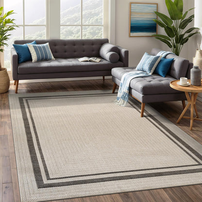 Beverly Rug Easy Jute Bordered Rug 10x14 Washable Large Indoor Outdoor Area Rugs for Living Dining Room Patio Office Stain Resistant Non Shedding Casual Indoor Outside Carpet 10 x 14 Off-White