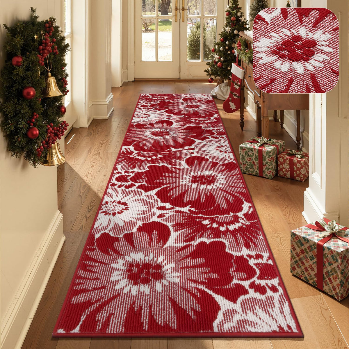Findosom Hallway Runner Rug 2x6, Non Slip High-Low Textured Floral Washable Runner Rug with Rubber Backing, Boho Carpet Runner for Kitchen, Entryway, Bedroom, Laundry, Black & Beige