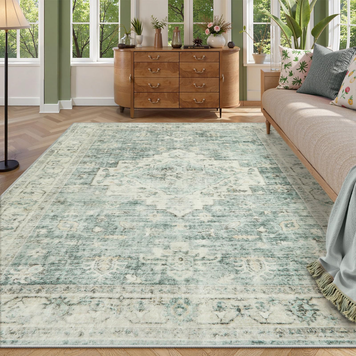 LIVEBOX Washable Area Rug 5x7 Rugs for Living Room Bedroom, Non-Slip Boho Neutral Carpet for Dining Room Office, Low-Pile Farmhouse Soft Carpets for Kids Nursery Room Playroom, Tan