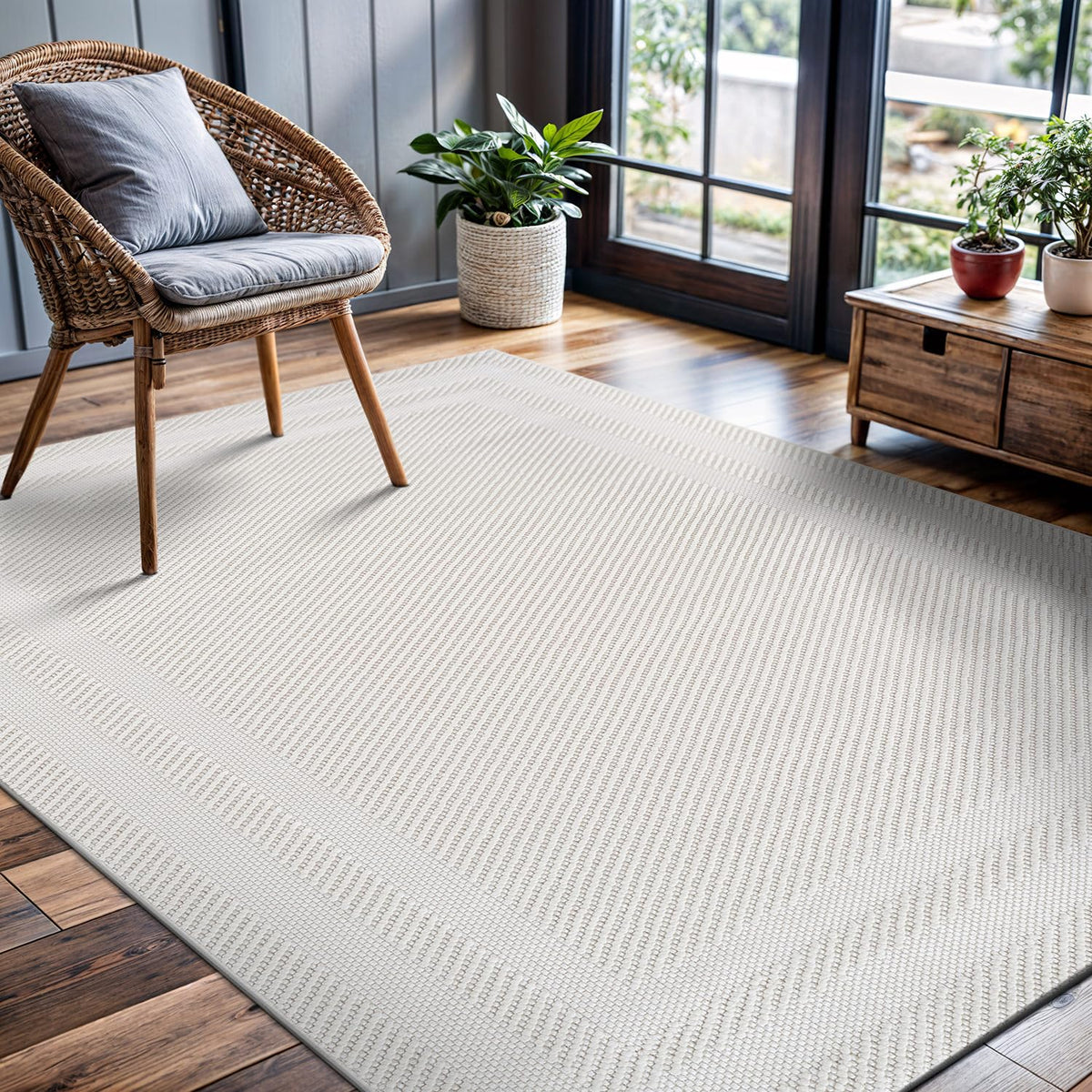CAMILSON Modern Rug 6x9 Luxury Geometric Pattern Micro Loop Area Rugs Soft High and Low Pile Stain Resistant Easy to Clean Non-Shedding Durable Living Room Office Indoor Carpet (White/Black)