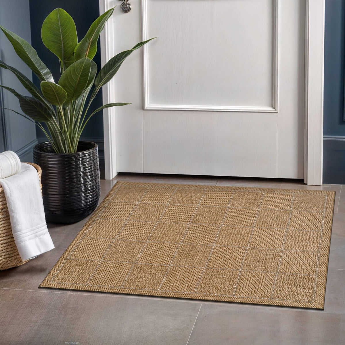 Beverly Rug Easy Jute Bordered Rug 10x14 Washable Large Indoor Outdoor Area Rugs for Living Dining Room Patio Office Stain Resistant Non Shedding Casual Indoor Outside Carpet 10 x 14 Off-White