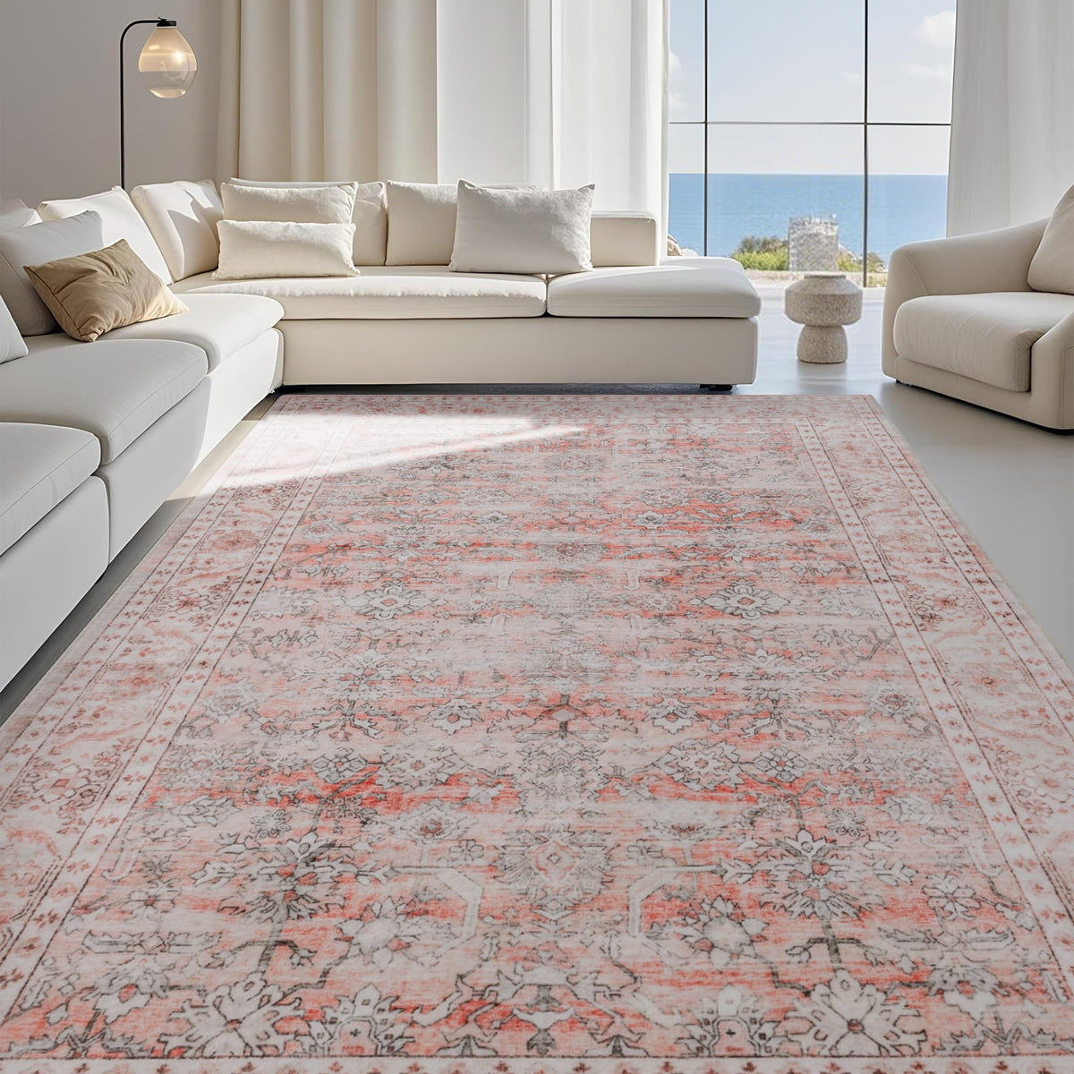 Carvapet Washable 3x5 Area Rug Orange Blue Vintage Floral Carpet