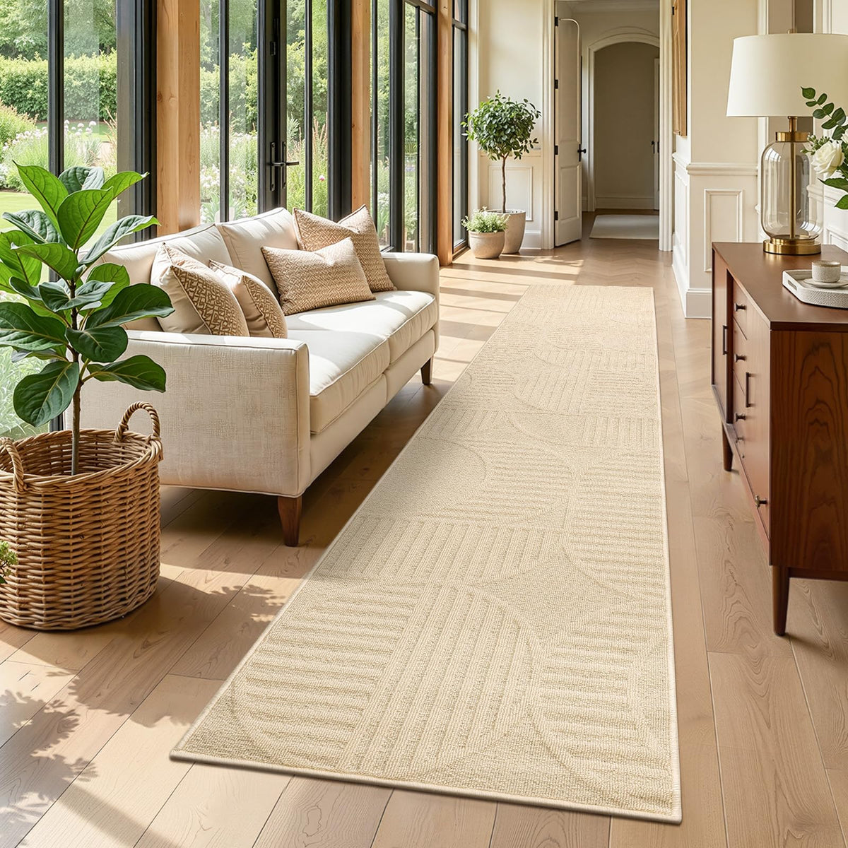 Findosom Hallway Runner Rug 2x6, Non Slip High-Low Textured Floral Washable Runner Rug with Rubber Backing, Boho Carpet Runner for Kitchen, Entryway, Bedroom, Laundry, Black & Beige