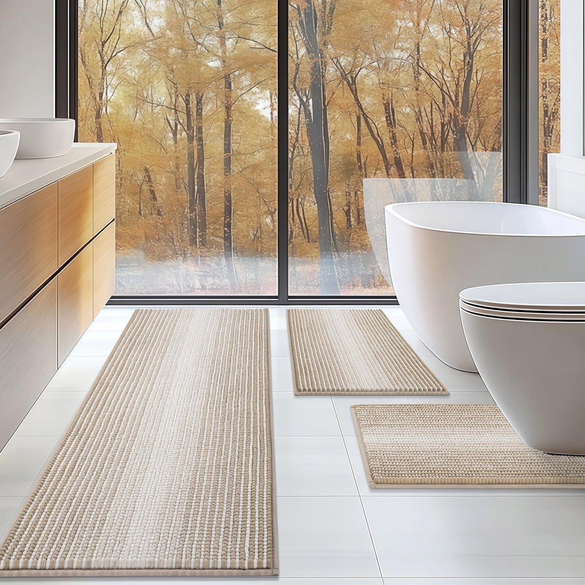 BSICPRO Bathroom Rugs Sets 3 Piece，U-Shaped Toilet Mat Sets，Black and White