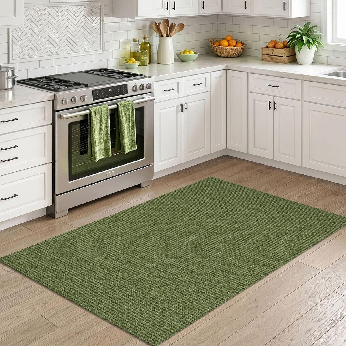 IOHOUZE Washable Area Rug 3x5 Non Slip Rubber Backed Woven Rugs for Entryway Rugs Indoor Outdoor Doormat Throw Rug Floor Carpet for Entrance Kitchen Front Door, Olive Green/Earthy Green