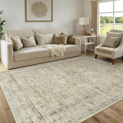 LIVEBOX Washable Area Rug 5x7 Rugs for Living Room Bedroom, Non-Slip Boho Neutral Carpet for Dining Room Office, Low-Pile Farmhouse Soft Carpets for Kids Nursery Room Playroom, Tan
