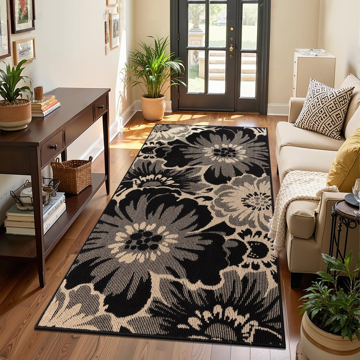 Findosom Hallway Runner Rug 2x6, Non Slip High-Low Textured Floral Washable Runner Rug with Rubber Backing, Boho Carpet Runner for Kitchen, Entryway, Bedroom, Laundry, Black & Beige