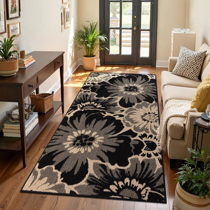 Findosom Hallway Runner Rug 2x6, Non Slip High-Low Textured Floral Washable Runner Rug with Rubber Backing, Boho Carpet Runner for Kitchen, Entryway, Bedroom, Laundry, Black & Beige