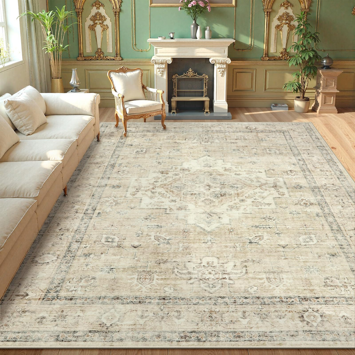LIVEBOX Washable Area Rug 5x7 Rugs for Living Room Bedroom, Non-Slip Boho Neutral Carpet for Dining Room Office, Low-Pile Farmhouse Soft Carpets for Kids Nursery Room Playroom, Tan
