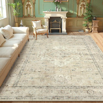 LIVEBOX Washable Area Rug 5x7 Rugs for Living Room Bedroom, Non-Slip Boho Neutral Carpet for Dining Room Office, Low-Pile Farmhouse Soft Carpets for Kids Nursery Room Playroom, Tan