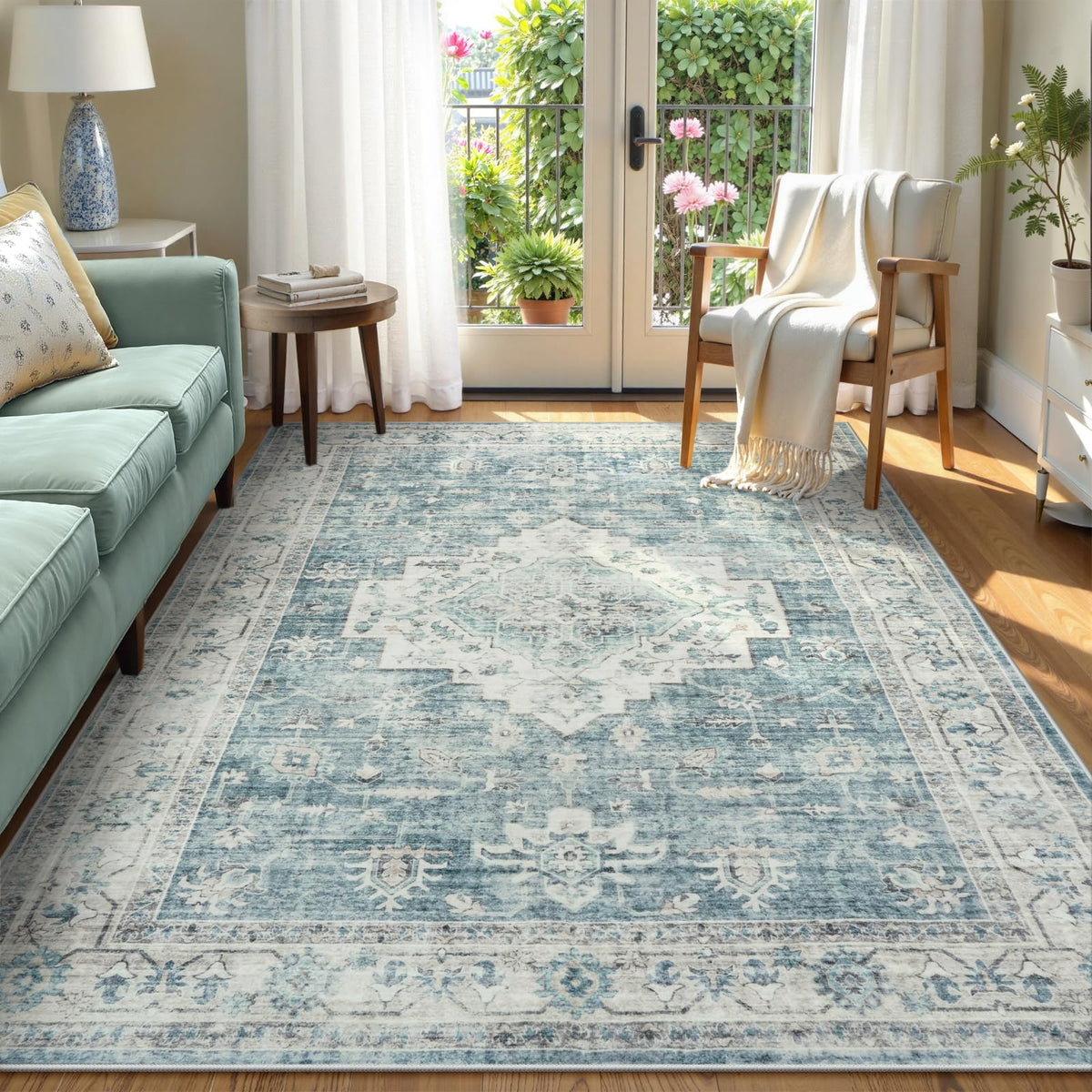 LIVEBOX Washable Area Rug 5x7 Rugs for Living Room Bedroom, Non-Slip Boho Neutral Carpet for Dining Room Office, Low-Pile Farmhouse Soft Carpets for Kids Nursery Room Playroom, Tan