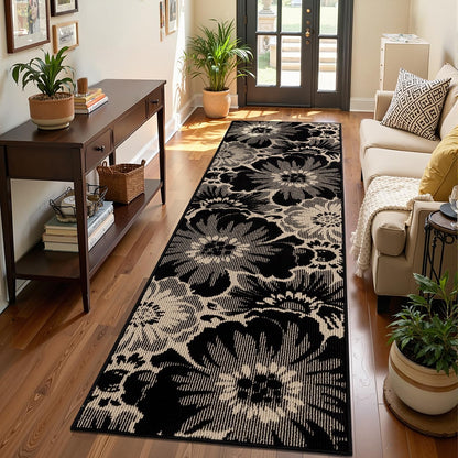 Findosom Hallway Runner Rug 2x6, Non Slip High-Low Textured Floral Washable Runner Rug with Rubber Backing, Boho Carpet Runner for Kitchen, Entryway, Bedroom, Laundry, Black & Beige