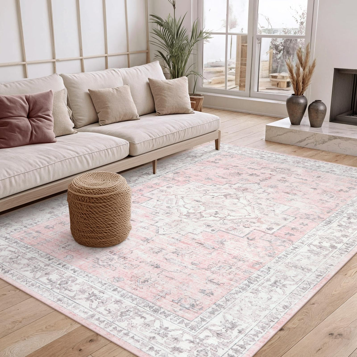 LIVEBOX Washable Area Rug 5x7 Rugs for Living Room Bedroom, Non-Slip Boho Neutral Carpet for Dining Room Office, Low-Pile Farmhouse Soft Carpets for Kids Nursery Room Playroom, Tan