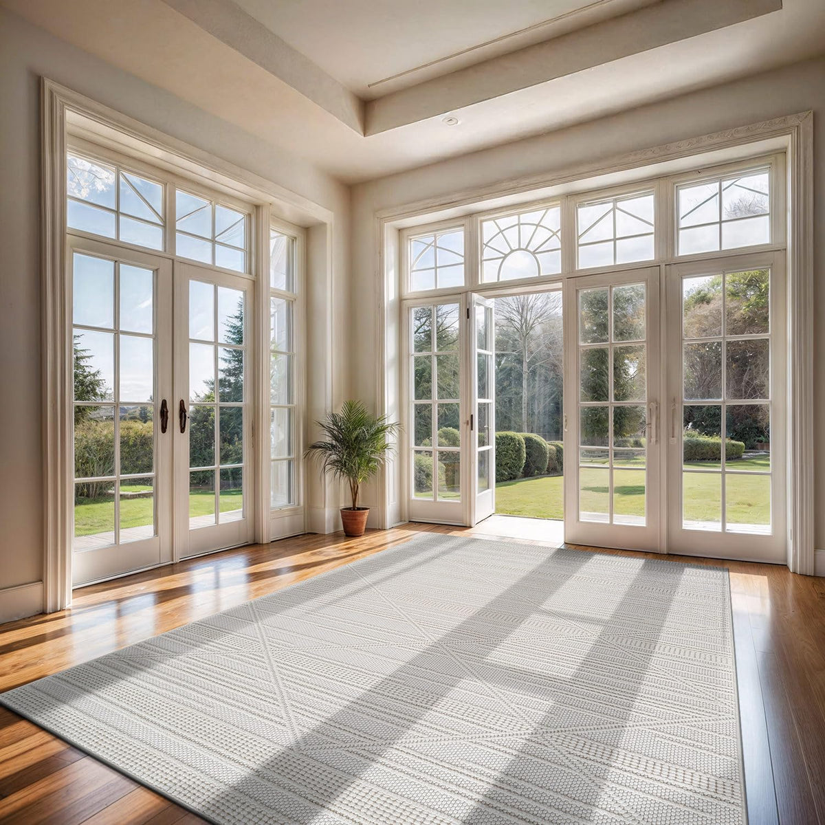 CAMILSON Modern Rug 5x7 Luxury Swirl Curved Micro Loop Area Rugs Soft High-Low Pile Stain Resistant Easy to Clean Non-Shedding Durable Living Room Office Indoor Carpet (White)