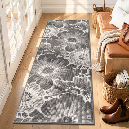 Findosom Hallway Runner Rug 2x6, Non Slip High-Low Textured Floral Washable Runner Rug with Rubber Backing, Boho Carpet Runner for Kitchen, Entryway, Bedroom, Laundry, Black & Beige