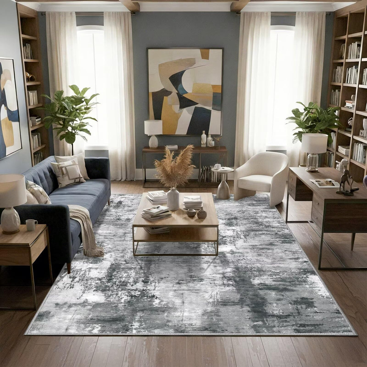 Washable 6x9 Area Rug for Living Room, Non-Slip Large Grey Bedroom Rugs