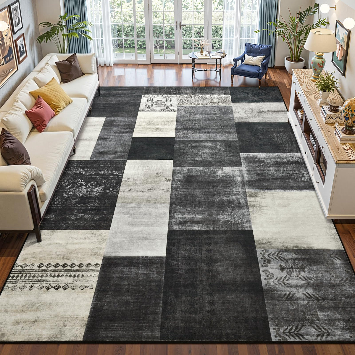 DweIke Washable Area Rugs 5x7 for Living Room, Modern Geometric Green Soft Patchwork Carpet, Non-Slip Stain Resistant Throw Rug for Bedroom Dining Room Office Home Decor