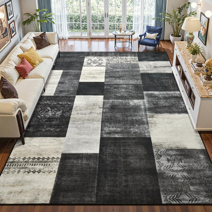 DweIke Washable Area Rugs 5x7 for Living Room, Modern Geometric Green Soft Patchwork Carpet, Non-Slip Stain Resistant Throw Rug for Bedroom Dining Room Office Home Decor