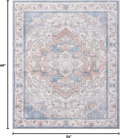 Carvapet Washable 3x5 Area Rug Orange Blue Vintage Floral Carpet