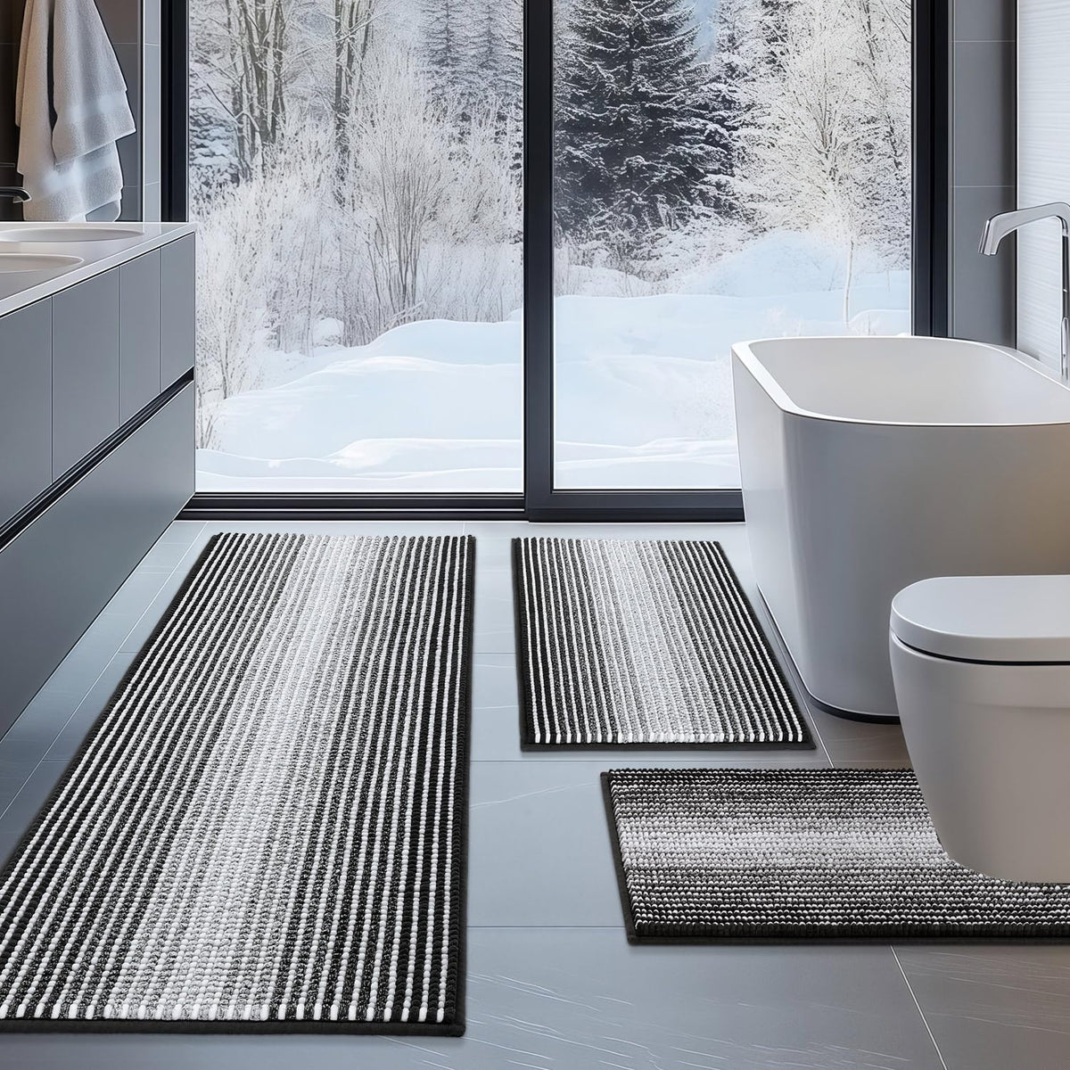 BSICPRO Bathroom Rugs Sets 3 Piece，U-Shaped Toilet Mat Sets，Black and White