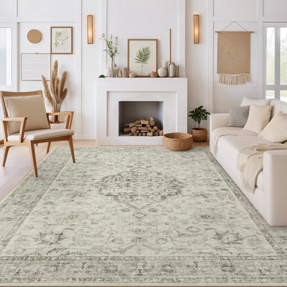 LIVEBOX Washable Area Rug 5x7 Rugs for Living Room Bedroom, Non-Slip Boho Neutral Carpet for Dining Room Office, Low-Pile Farmhouse Soft Carpets for Kids Nursery Room Playroom, Tan