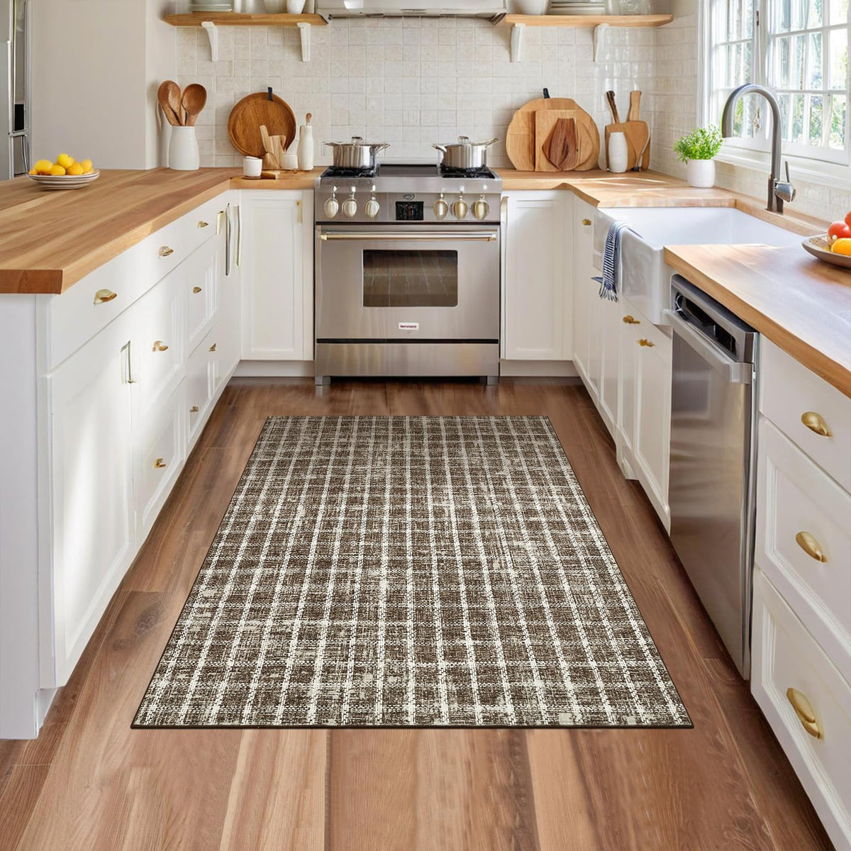 ROYHOME 6x9 Area Rug for Living Room Washable Khaki Brown Checkered Rugs