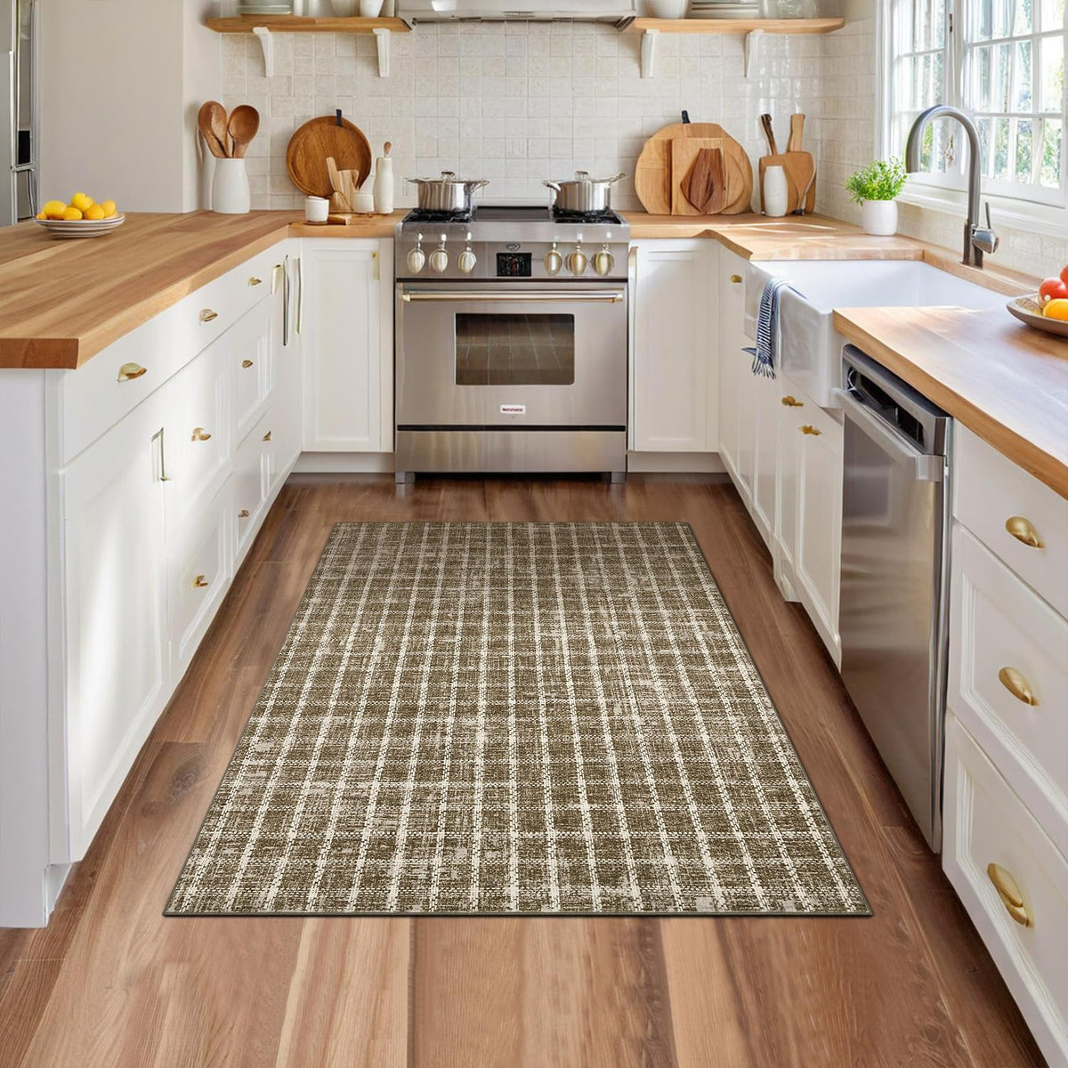 ROYHOME 6x9 Area Rug for Living Room Washable Khaki Brown Checkered Rugs