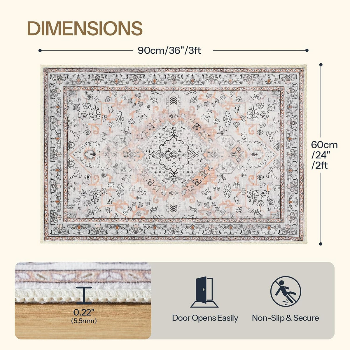 HOOBRO 2 x 3 Area Rugs Washable, Small Rugs for Entryway Kitchen Bathroom Mat Indoor Low Pile Soft Rug, Non-Slip Backing Stain Resistant Carpets, Pet Friendly Machine Washable, Vintage Beige EF01AR01