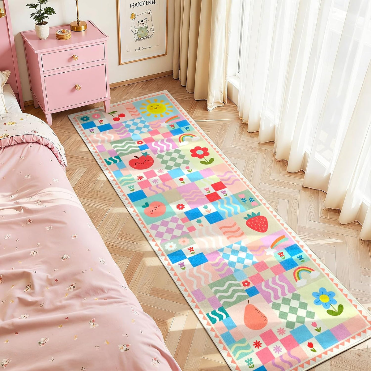 Soft Pink Runner Rug for Girls Bedroom, Washable Non-Slip Hallway Carpet with Cute Colorful Fruit Rainbow Checkered Design, Low Pile Floor Mat
