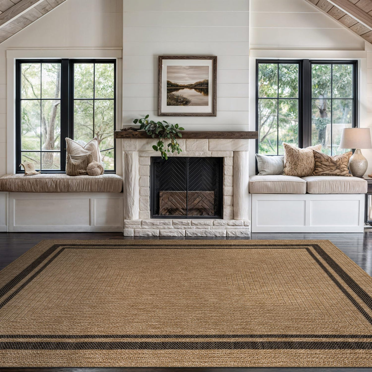 Beverly Rug Easy Jute Bordered Rug 10x14 Washable Large Indoor Outdoor Area Rugs for Living Dining Room Patio Office Stain Resistant Non Shedding Casual Indoor Outside Carpet 10 x 14 Off-White