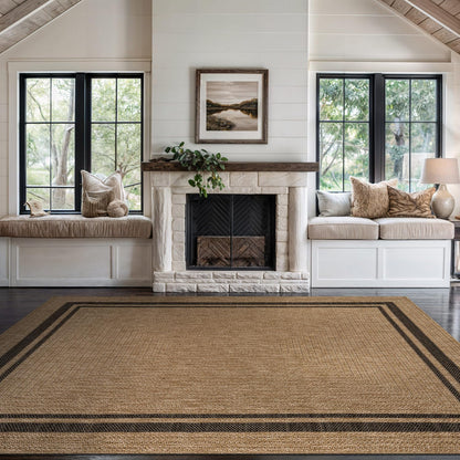 Beverly Rug Easy Jute Bordered Rug 10x14 Washable Large Indoor Outdoor Area Rugs for Living Dining Room Patio Office Stain Resistant Non Shedding Casual Indoor Outside Carpet 10 x 14 Off-White